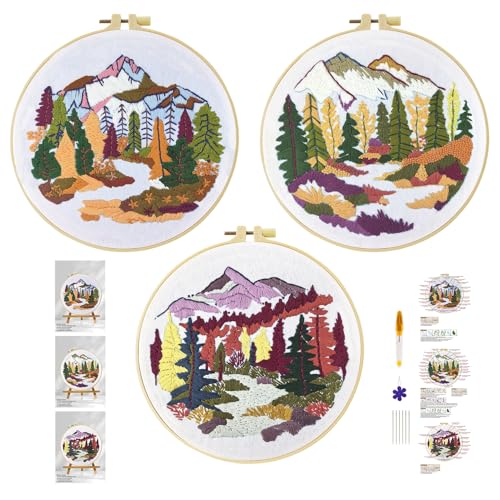 Xinpinzhou 3pcs Waldlandschaft Stickset Sticken Set für Erwachsene Anfänger Embroidery Kit Stickerei Stick Set Stickvorlagen Kreuzstich Vorgedruckt Stickbilder Stickbild Stickpackung Stickvorlage von Xinpinzhou