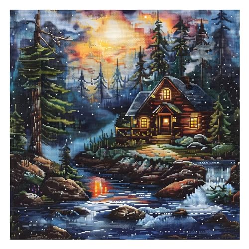 Xinpinzhou Kreuzstich Set Vorgedruckt Creek Landscape, Stickvorlagen Stickbilder Vorgedruckt Kreuzstich Stickpackungen Stickpackung Cross Stitch Embroidery Kit Stickset Sticken Set Erwachsene Anfänger von Xinpinzhou