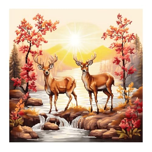 Xinpinzhou Kreuzstich Set Vorgedruckt Hirsch, Stickvorlagen Stickbilder Vorgedruckt Kreuzstich Stickpackungen Stickpackung Cross Stitch Embroidery Kit Tier Stickset Sticken Set Erwachsene Anfänger von Xinpinzhou