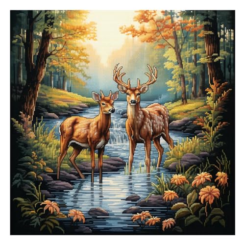 Xinpinzhou Kreuzstich Set Vorgedruckt Hirsch Tiere, Stickvorlagen Stickbilder Vorgedruckt Kreuzstich Stickpackungen Stickpackung Cross Stitch Embroidery Kit Stickset Sticken Set Erwachsene Anfänger von Xinpinzhou