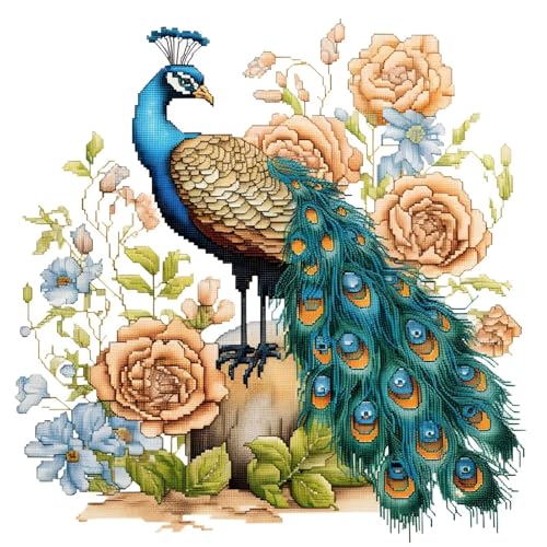 Xinpinzhou Kreuzstich Set Vorgedruckt Pfau und Blumen, Stickvorlagen Stickbilder Vorgedruckt Kreuzstich Stickpackungen Stickpackung Cross Stitch Embroidery Kit Stickset Sticken Set Erwachsene Anfänger von Xinpinzhou