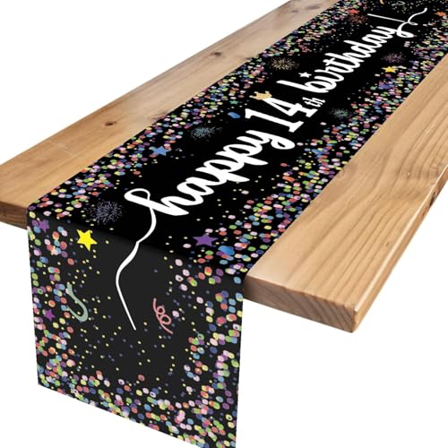 14.Tischläufer Geburtstag,Schwarz Deko 14 Geburtstag Junge Happy Birthday Tischdecke Tisch Deko für Kinder Mädchen Jungen 14 Geburtstag Party Dekoration 180 x 35cm von Xinvery