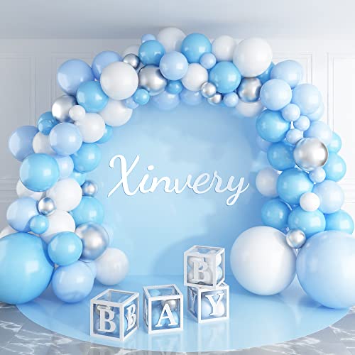 Luftballon Girlande Blau,Xinvery Blau Silber Weiß Latex Luftballons Macaron Blau Ballons mit für Junge Baby Geburtstag Party Hintergr Deko Hochzeit Birthday von Xinvery