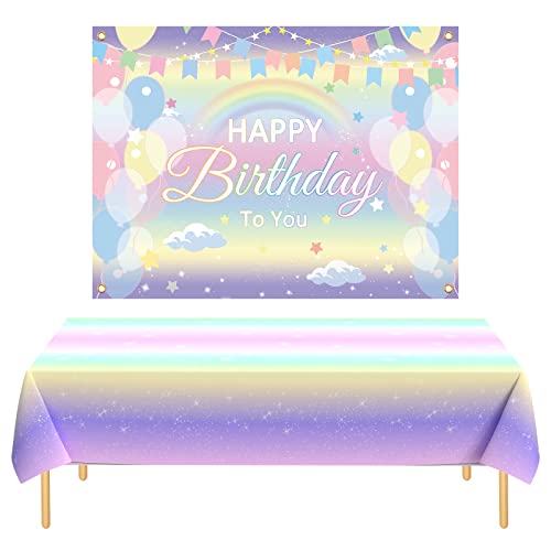 Xinvery Regenbogen Geburtstag Deko,Regenbogen Geburtstag Backdrop Banner Bunt Regenbogen Party Tischdecke Geburtstag Party Dekoration für Kinder Mädchen Jungen von Xinvery