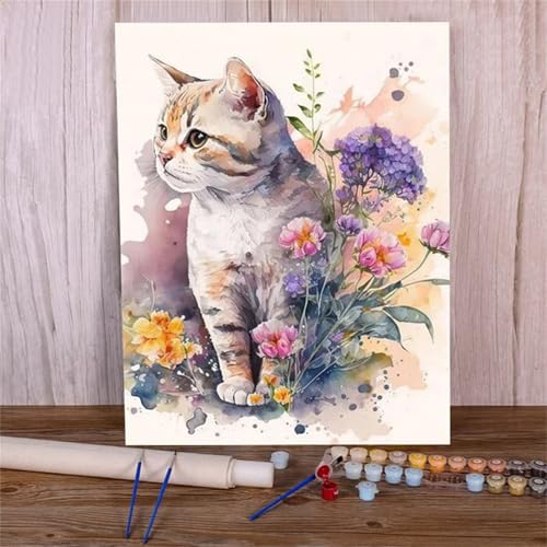 Malen Nach Zahlen Erwachsene Set Blume Katze Tier, DIY Handgemalt Ölgemälde Leinwand Kits, für Anfänger und Kinder, mit Pinseln und Farben, für Hause Dekoration 30x40cm (DIY-Rahmen) von Xinyuer