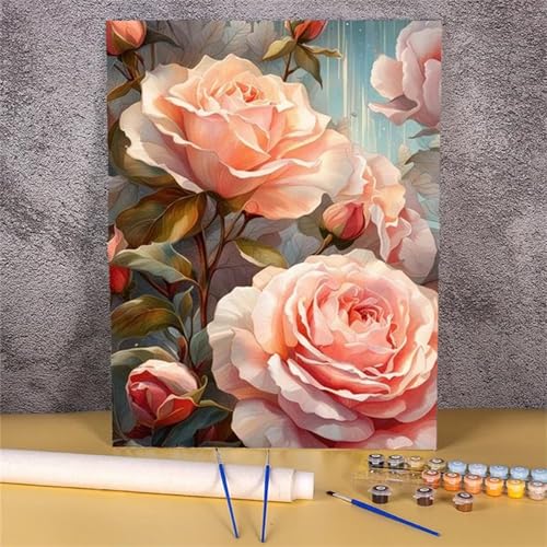 Malen Nach Zahlen Erwachsene Set Blume Rose Rosa, DIY Handgemalt Ölgemälde Leinwand Kits, für Anfänger und Kinder, mit Pinseln und Farben, für Hause Dekoration 30x40cm (DIY-Rahmen) von Xinyuer