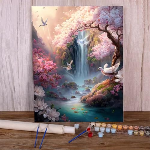 Malen Nach Zahlen Erwachsene Set Blume Vogel Wasserfall, DIY Handgemalt Ölgemälde Leinwand Kits, für Anfänger und Kinder, mit Pinseln und Farben, für Hause Dekoration 55x70cm (Kein Rahmen) von Xinyuer