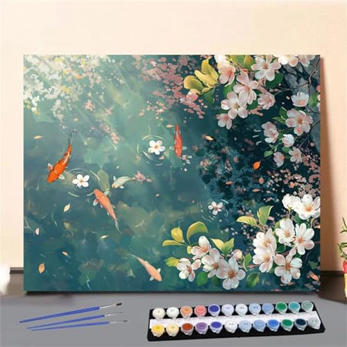 Malen Nach Zahlen Erwachsene Set Blumen Koi, DIY Handgemalt Ölgemälde Leinwand Kits, für Anfänger und Kinder, mit Pinseln und Farben, für Hause Dekoration 30x40cm (Kein Rahmen) von Xinyuer