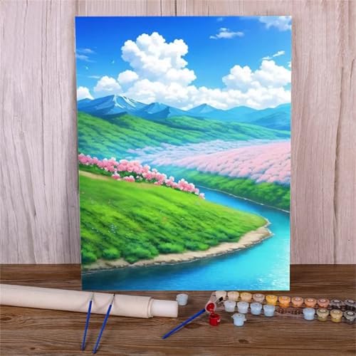 Malen Nach Zahlen Erwachsene Set Flusslandschaft, DIY Handgemalt Ölgemälde Leinwand Kits, für Anfänger und Kinder, mit Pinseln und Farben, für Hause Dekoration 50x65cm (Kein Rahmen) von Xinyuer