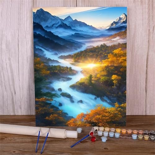 Malen Nach Zahlen Erwachsene Set Flusslandschaft, DIY Handgemalt Ölgemälde Leinwand Kits, für Anfänger und Kinder, mit Pinseln und Farben, für Hause Dekoration 60x75cm (DIY-Rahmen) von Xinyuer