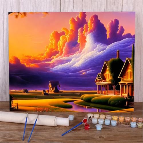 Malen Nach Zahlen Erwachsene Set Himmel Wolken Landschaft, DIY Handgemalt Ölgemälde Leinwand Kits, für Anfänger und Kinder, mit Pinseln und Farben, für Hause Dekoration 30x40cm (DIY-Rahmen) von Xinyuer