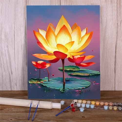 Malen Nach Zahlen Erwachsene Set Lotus Blume, DIY Handgemalt Ölgemälde Leinwand Kits, für Anfänger und Kinder, mit Pinseln und Farben, für Hause Dekoration 30x40cm (Kein Rahmen) von Xinyuer