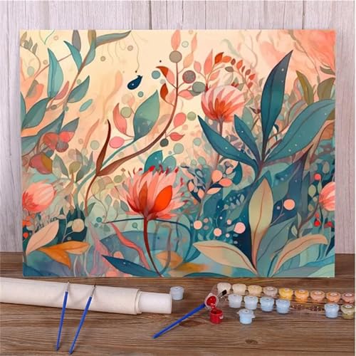 Malen Nach Zahlen Erwachsene Set Pflanzen Blumen Abstrakt, DIY Handgemalt Ölgemälde Leinwand Kits, für Anfänger und Kinder, mit Pinseln und Farben, für Hause Dekoration 45x60cm (Kein Rahmen) von Xinyuer