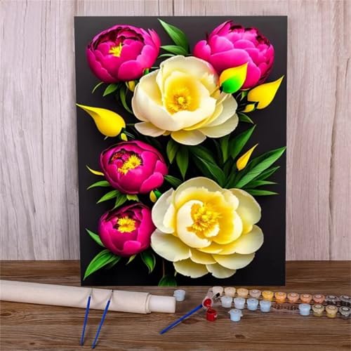 Malen Nach Zahlen Erwachsene Set Rosen Blume, DIY Handgemalt Ölgemälde Leinwand Kits, für Anfänger und Kinder, mit Pinseln und Farben, für Hause Dekoration 45x60cm (Kein Rahmen) von Xinyuer