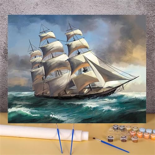 Malen Nach Zahlen Erwachsene Set Segelboot Landschaft, DIY Handgemalt Ölgemälde Leinwand Kits, für Anfänger und Kinder, mit Pinseln und Farben, für Hause Dekoration 30x40cm (DIY-Rahmen) von Xinyuer