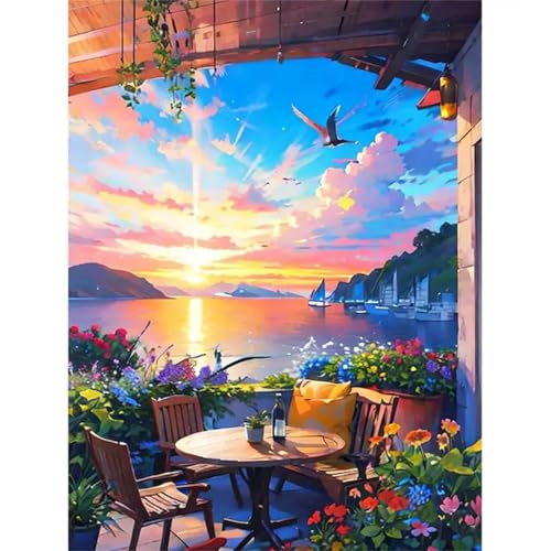 Malen Nach Zahlen Erwachsene Set Sonnenuntergang Landschaft, DIY Handgemalt Ölgemälde Leinwand Kits, für Anfänger und Kinder, mit Pinseln und Farben, für Hause Dekoration 30x40cm (DIY-Rahmen) von Xinyuer