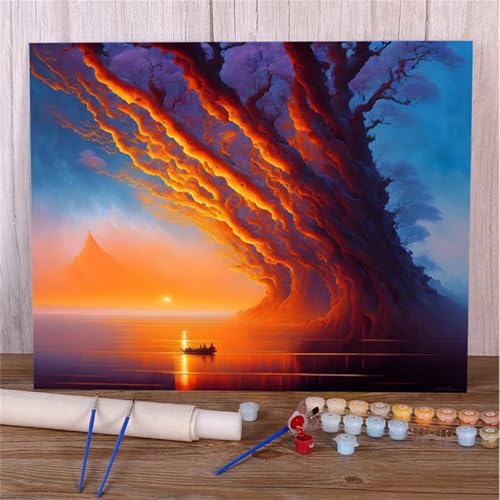 Malen Nach Zahlen Erwachsene Set Sonnenuntergang Landschaft Fantasie, DIY Handgemalt Ölgemälde Leinwand Kits, für Anfänger und Kinder, mit Pinseln und Farben, für Hause Dekoration 30x40cm (DIY-Rahmen) von Xinyuer