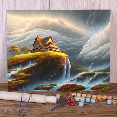 Malen Nach Zahlen Erwachsene Set Wolke Wasserfall Landschaft, DIY Handgemalt Ölgemälde Leinwand Kits, für Anfänger und Kinder, mit Pinseln und Farben, für Hause Dekoration 45x60cm (DIY-Rahmen) von Xinyuer