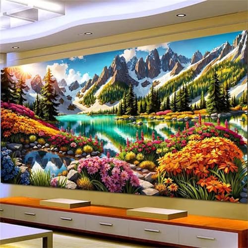 Xinyuer 5D Diamond Painting Set für Erwachsene Bergsee Blumen, Diamant Painting Bilder XXL, DIY Diamant Malerei Kits Strass Stickerei Malerei Painting Set für Home Décor Square Drill 60x120cm von Xinyuer