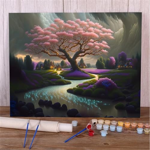 Xinyuer Malen Nach Zahlen Erwachsene Baum Fluss, Malen Nach Zahlen Anfänger Set, mit 3-Pinseln und Acrylfarbe für Home Decor 30x40cm (DIY-Rahmen) von Xinyuer