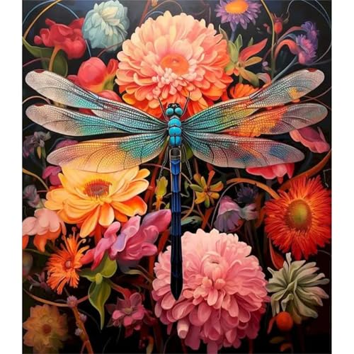 Xinyuer Malen Nach Zahlen Erwachsene Blume Pfingstrose Libelle, Malen Nach Zahlen Anfänger Set, mit 3-Pinseln und Acrylfarbe für Home Decor 55x70cm (DIY-Rahmen) von Xinyuer