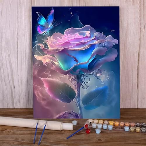 Xinyuer Malen Nach Zahlen Erwachsene Blume Rose Schmetterling, Malen Nach Zahlen Anfänger Set, mit 3-Pinseln und Acrylfarbe für Home Decor 40x50cm (DIY-Rahmen) von Xinyuer