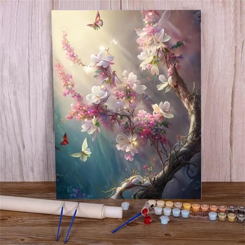 Xinyuer Malen Nach Zahlen Erwachsene Blume Schmetterling, Malen Nach Zahlen Anfänger Set, mit 3-Pinseln und Acrylfarbe für Home Decor 50x65cm (DIY-Rahmen) von Xinyuer