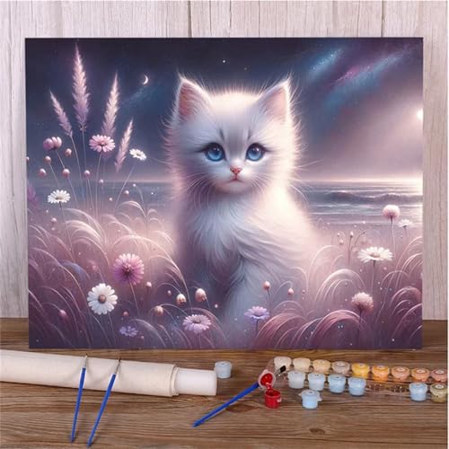 Xinyuer Malen Nach Zahlen Erwachsene Blumen Katze Tier, Malen Nach Zahlen Anfänger Set, mit 3-Pinseln und Acrylfarbe für Home Decor 50x65cm (Kein Rahmen) von Xinyuer