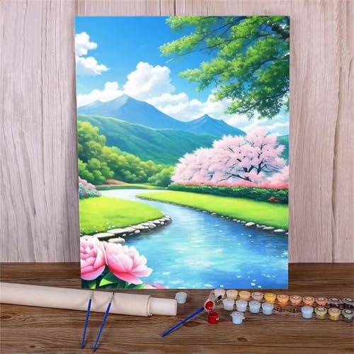 Xinyuer Malen Nach Zahlen Erwachsene Blumenfluss, Malen Nach Zahlen Anfänger Set, mit 3-Pinseln und Acrylfarbe für Home Decor 40x50cm (DIY-Rahmen) von Xinyuer