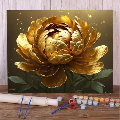 Xinyuer Malen Nach Zahlen Erwachsene Goldene Pfingstrose, Malen Nach Zahlen Anfänger Set, mit 3-Pinseln und Acrylfarbe für Home Decor 40x50cm (DIY-Rahmen) von Xinyuer