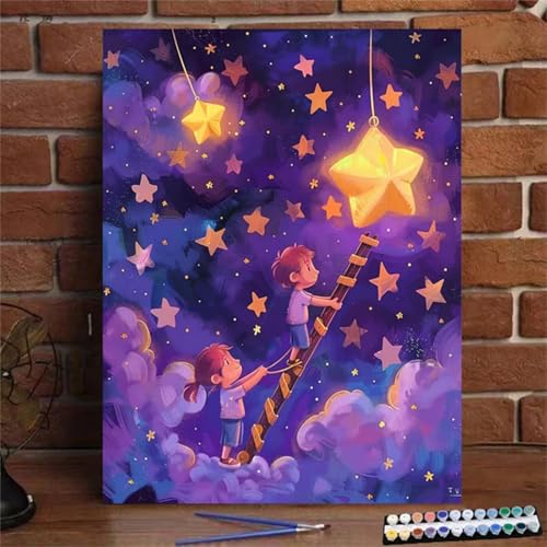 Xinyuer Malen Nach Zahlen Erwachsene Karikatur Sternenhimmel, Malen Nach Zahlen Anfänger Set, mit 3-Pinseln und Acrylfarbe für Home Decor 40x50cm (DIY-Rahmen) von Xinyuer