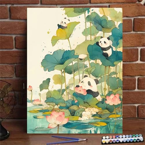 Xinyuer Malen Nach Zahlen Erwachsene Lotus Panda, Malen Nach Zahlen Anfänger Set, mit 3-Pinseln und Acrylfarbe für Home Decor 30x40cm (Kein Rahmen) von Xinyuer