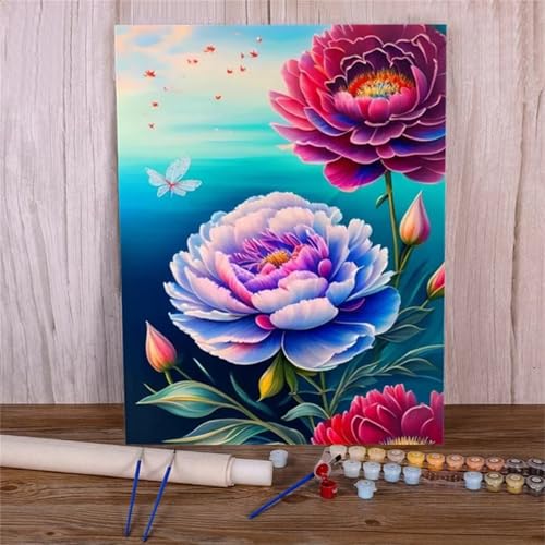 Xinyuer Malen Nach Zahlen Erwachsene Pfingstrose Blume Schmetterling, Malen Nach Zahlen Anfänger Set, mit 3-Pinseln und Acrylfarbe für Home Decor 40x50cm (Kein Rahmen) von Xinyuer