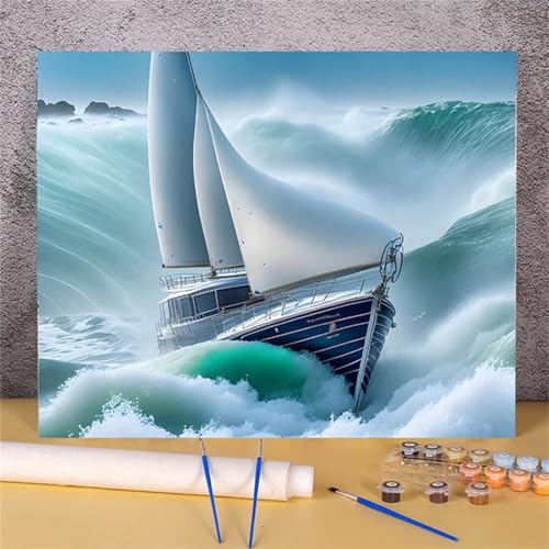 Xinyuer Malen Nach Zahlen Erwachsene Segelboot Wellen, Malen Nach Zahlen Anfänger Set, mit 3-Pinseln und Acrylfarbe für Home Decor 30x40cm (DIY-Rahmen) von Xinyuer