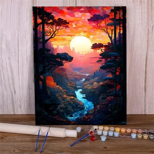 Xinyuer Malen Nach Zahlen Erwachsene Sonnenuntergang Dschungel Fluss, Malen Nach Zahlen Anfänger Set, mit 3-Pinseln und Acrylfarbe für Home Decor 45x60cm (DIY-Rahmen) von Xinyuer