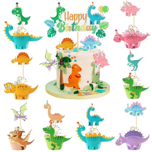 49 Stück Dino Cupcake Topper,Tortendeko Dinosaurier,24 Dino Muffinförmchen und 24 Dinosaurier Kuchendekoration,Cake Topper Dinosaurier für Baby Shower Dino Kindergeburtstag von Xionghonglong