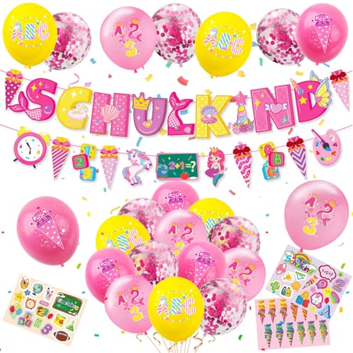 Einschulung Deko Mädchen,Einschulung Schuleinführung,Schuleinführung Schulanfang Deko Set,Schuleinführung Luftballon mit ABC 123 motiv,Latex Luftballon und Rosa Schulkind Banner,Einschulungsdeko von Xionghonglong