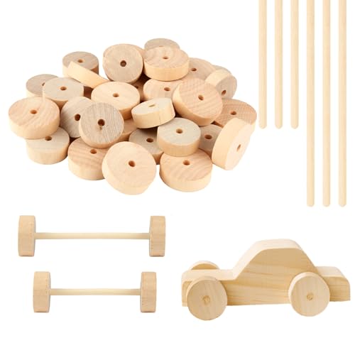 40 Stück Holzrad Holzstäbe Set, Unfertige Holzräder, 2,8 cm und 3,5 cm Holz-Bastelräder mit Holzstäbchen, Mini Holzscheibe mit Löch für DIY Handwerk Malerei Basteln, Modellautos von Xishoyen