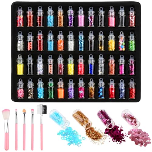 48 Farben Glitzer Basteln, Mini Glitzerpulver Set, Bunte Glitter, Holographische Pailletten, Glitzerpulver zum Basteln für Festival, Party, Make Up, Nagelkunst, DIY Basteln (mit 5 Rosa Schminkpinseln) von Xishoyen