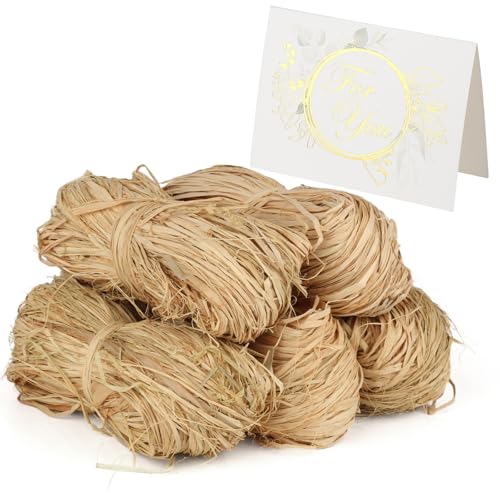 5 Stück Bast Band, 250g Bastband Natur, Bast Raffia Bindebast, Florbast Naturbast zum Basteln mit 1 Kleinen Dankeskarte für Füllmaterial Geschenk, Dekoration, Weben, Floristen, Garten von Xishoyen