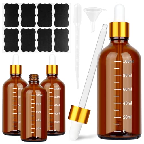 Xishoyen 4 Stück Pipettenflasche, 100ml Glasflasche mit Pipette und Skala, Braune Apothekerflasche, Dropper Bottle mit Trichter, Tropfer und Aufkleber für Ätherische Öle, Parfümöle von Xishoyen