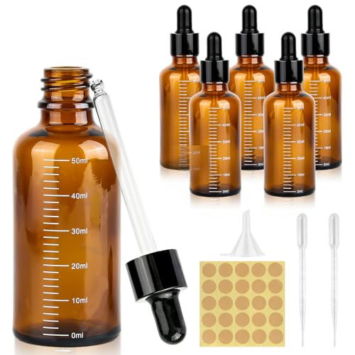 Xishoyen 6 Stück Pipettenflasche 50ml, Tropfflasche Braunglas Dropper Bottle, Apothekerflasche Braunglasflasche, Abgestufte Flasche mit Pipette für Ätherische Öle, Parfümöle, Aromatherapie (50ML - 6) von Xishoyen