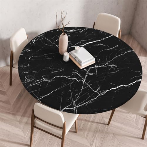 Rund Marmor-Tischbezug Für Den Innenbereich,Home Decor, Wasserdicht Abwischbar Tischabdeckung, Elastische Kante Tischdecke, Passt Essen, Outdoor-Garten, Küche, Wohnbereiche (Schwarz,80cm) von Xisnuient