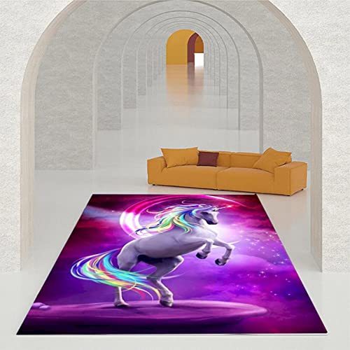 Xisnuient Großer Teppich 3D Regenbogen Sterne Einhorn Druck Mädchen Schlafzimmer Boden Dekoration Teppich Kinderzimmer Cartoon Spiel Crawl Pad Flanell Memory Foam Wohnzimmer Teppich (Lila,100x150 cm) von Xisnuient