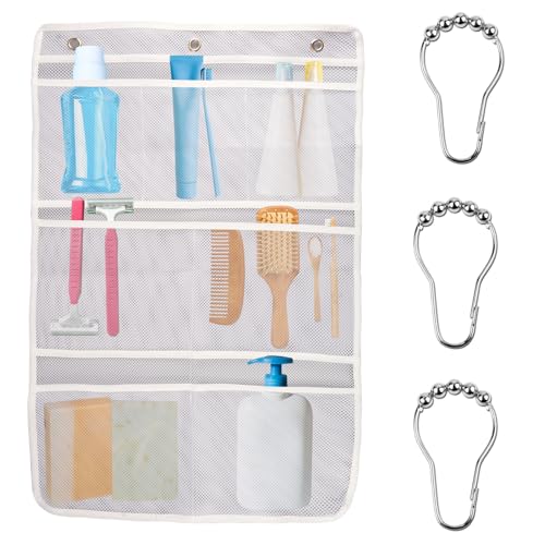 Xiuouix, Duschablage aus Netzstoff, 7 Taschen, zum Aufhängen, mit schnell trocknendem Netz und 3 Haken, Dusch-Caddy zum Aufhängen, Shampoo, Seife, Luffa und Kreuzfahrtschiff-Essentials (1 Packung, von Xiuouix