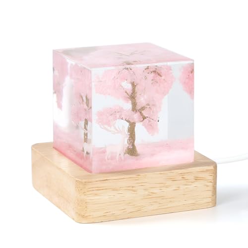 Xiyocadt Epoxidharz REH Lampe,Nachttischlampe Dimmbar Nachtlicht Epoxid Holz Base mit USB Stecker Beste Freundin Geschenke Geburtstag Geschenk Mann,Pink/b von Xiyocadt