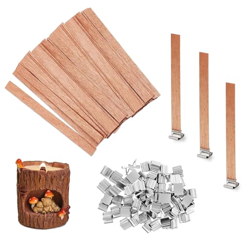 Xmart 80 Stück Kerzendochte mit 80 Eisenständer Holz Kerzendocht Set Kerzen Docht 13 X 130MM Holzdochte für Kerzen Holzdocht Umweltfreundliche Dochte Candle Wick für Kerzenherstellung DIY Handwerk von Xmart