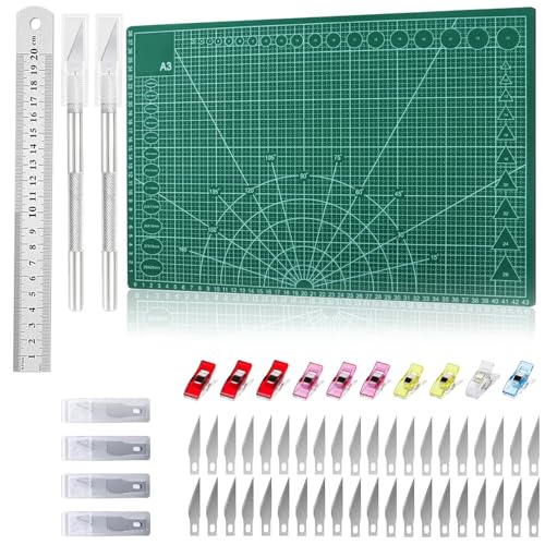 Xmart Schneidematte Set A3 Grün Schneideunterlage Selbstheilende mit Stahllineal 2 Tranchiermesser 42 Klingen 10 Nähklammer Schnittfest Cutting Mat Beidseitig Nutzbar für Handwerkliche Gravuren Malen von Xmart