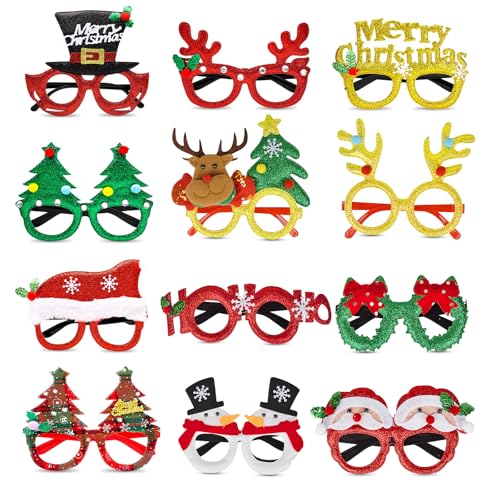 Weihnachtsbrillen, Xndryan 12 Stück Brille Weihnachten Glitzer Partybrille Weihnachtsbrille Kostümbrillen für Weihnachtsfeiern, Xmas Brille Rahmen für Deko Weihnachten von Xndryan