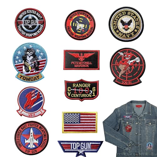 XoeLLe 11 Stück USA Flagge Maverick Patches Bestickt, Top Gun Aufnäher zum Aufbügeln, Air Force Navy Marine Army Jacke Tactical Military Logo Dekorative Applikation für Kleidung Jacke Jeans Cap von XoeLLe